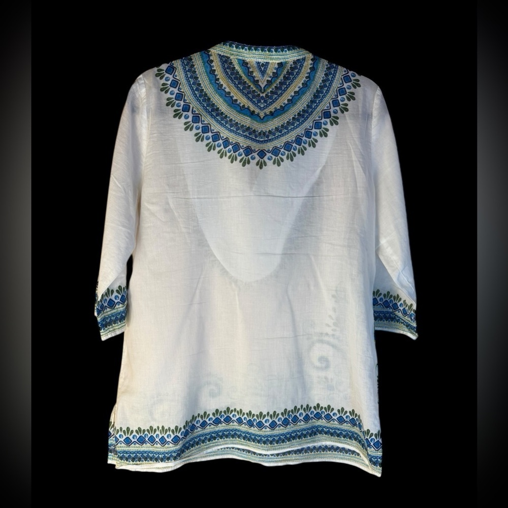 Chico's White Embroidered Cotton Boho Tunic Top Blue Embellished Beaded Size M - Picture 5 of 14
